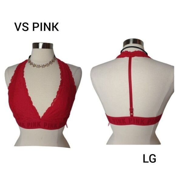 VS PINK Lace Bralette Halter Styling T-Back Plunging Neckline Lg NWOT - Picture 1 of 7